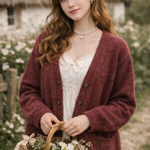 Vintage  Cozy Preppy Cardi Oversize Sweater Maroon 100% Shetland Wool Med Large